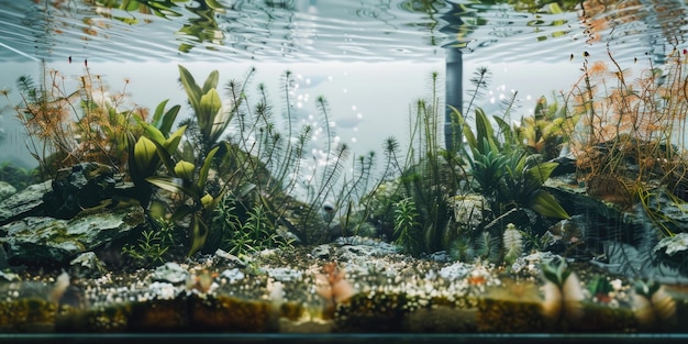 Zdjęcie piękne akwarium z różnorodnymi roślinami i rybami akwarium jest pokojowym i uspokajającym środowiskiem