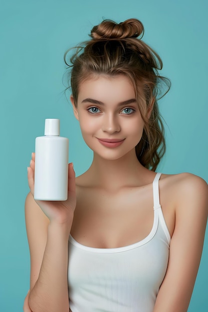 Piękne amerykańskie kobiety w modnych strojach i trzymające pustą białą butelkę do pielęgnacji skóry AI Image