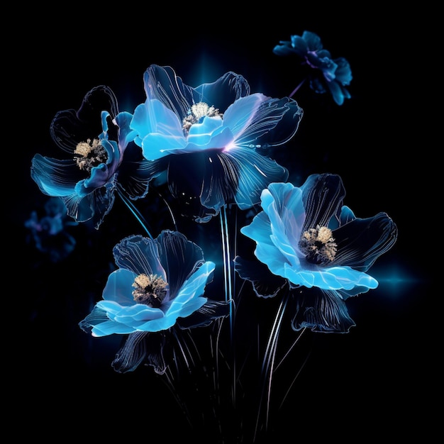 Piękne anemonowe niebieskie kwiaty świetlista jasna tapeta z motywem kwiatowym AI Generated art