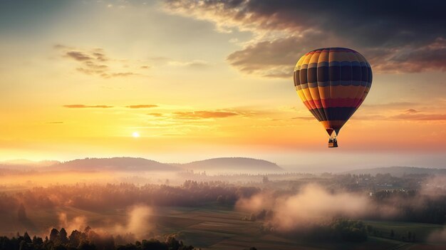 Zdjęcie piękne balony powietrzne latające nad niebem z widokiem na zachód słońca