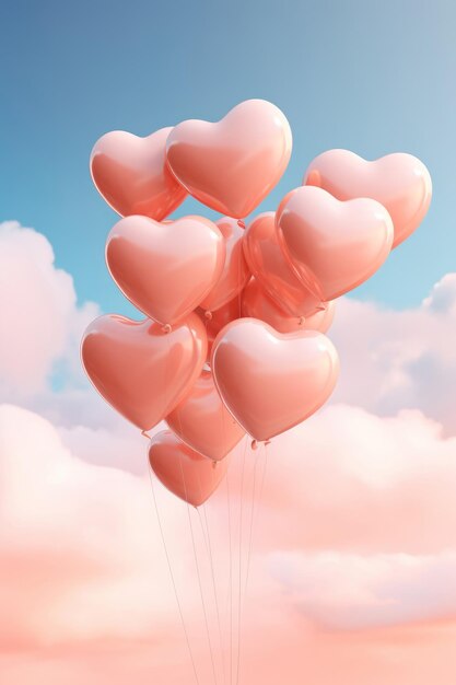 Piękne balony w kształcie serca w brzoskwiniowym kolorze nieba jako tło romantyczna atmosfera