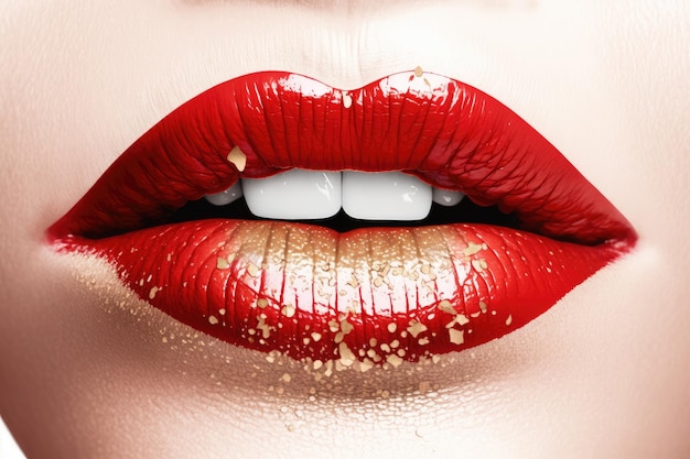 Piękne beżowo-czerwone kobiece usta z błyszczącym połyskiem na białym tle stworzone za pomocą generatywnej ai
