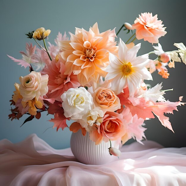 Piękne białe i pomarańczowe układy kwiatów z wazonem przy oknie