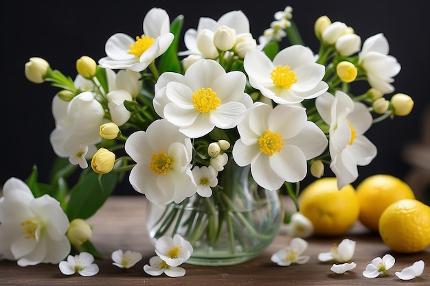 Piękne białe kwiaty dość prosty bukiet ładna wiosna i pachnące kwiaty z żółtym tłokiem