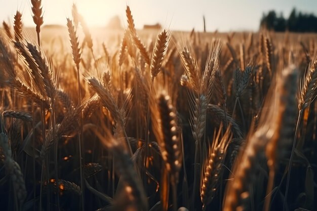 Piękne bliska kłosów pszenicy o zachodzie słońca Pole rolnictwa pszenicy w lecie Generative Ai