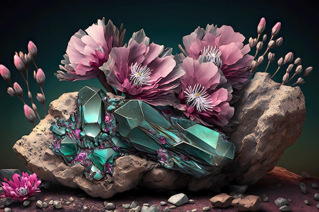 Piękne błyszczące różowo-fioletowe kwiaty z szarym zielonym tłem minerałów i kryształów