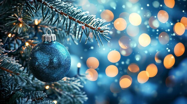 Piękne Boże Narodzenie i Wigilię Nowego Roku Tło z świąteczną niebieską piłką wiszącą na gałęzi sosny