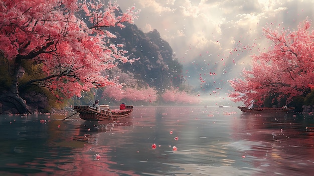 Piękne brzegi rzeki wyłożone kwiatami wiśni