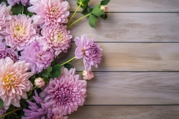Piękne bukiety kwiatów na tle drewnianej deski i girlandy Created with Generati