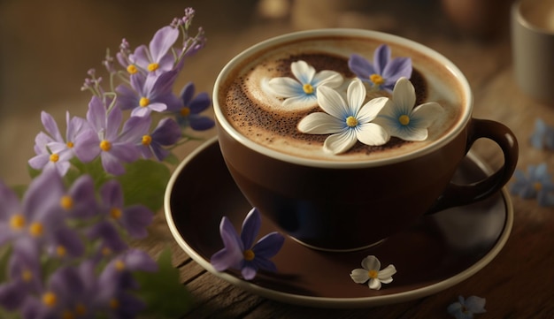 Piękne cappuccino na drewnianym stole z wiosennymi kwiatami AI