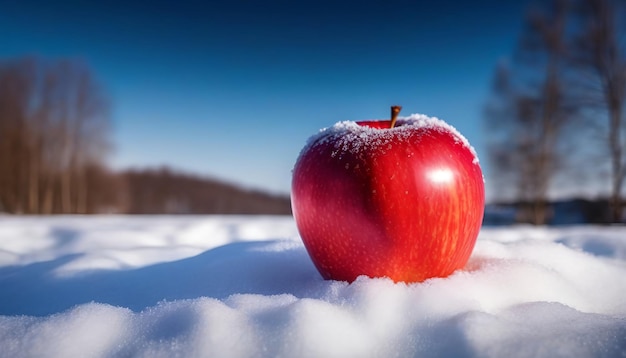 Piękne czerwone jabłko na śniegu