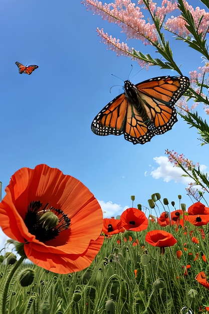 Piękne czerwone kwiaty maku i motyle monarchy wiosną i latem na świeżym powietrzu w słoneczny dzień