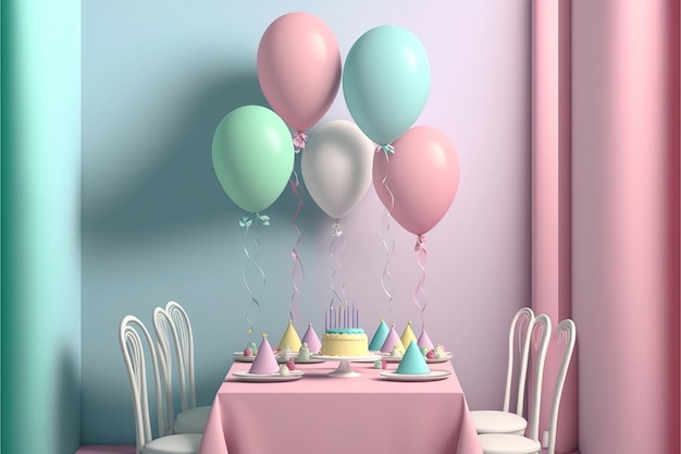 Piękne dekoracje na baby shower party w pobliżu kolorowej ściany urodziny dzieci Generative AI