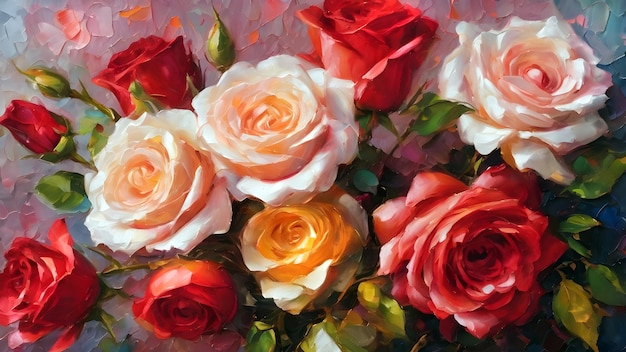 piękne delikatne róże pomalowane farbami olejnymi na tle kwiatowym