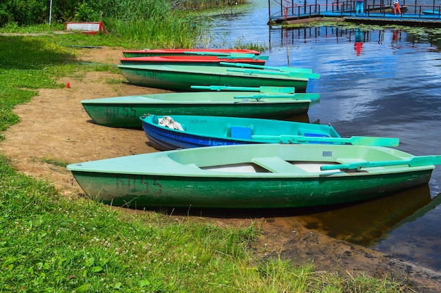 Piękne drewniane wielobarwne łodzie z wiosłami na plaży na spacery wzdłuż rzecznego jeziora morskiego oceanu w parku przyrody na brzegu