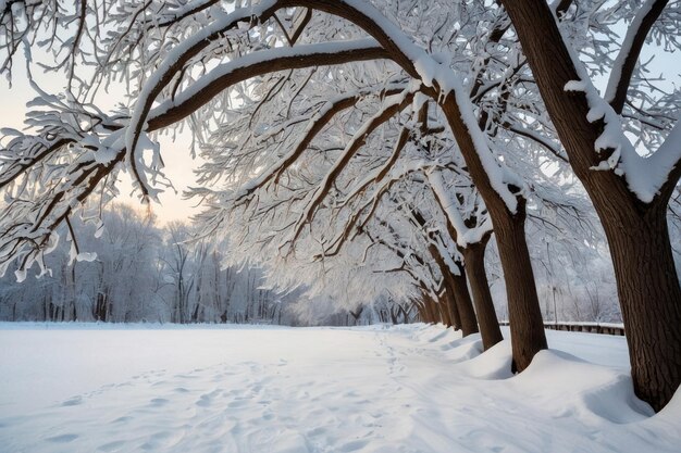 Piękne drzewo pokryte śniegiem w zimowy dzień