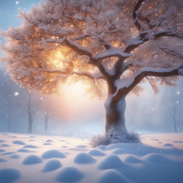 Zdjęcie piękne drzewo w zimowym krajobrazie późnym wieczorem na ilustracji sztuki cyfrowej opadów śniegu