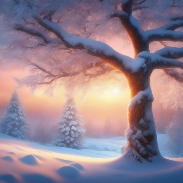 piękne drzewo w zimowym krajobrazie późnym wieczorem na ilustracji sztuki cyfrowej opadów śniegu