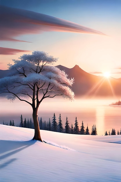 piękne drzewo w zimowym krajobrazie późnym wieczorem w obrazie ilustracji cyfrowej sztuki opadów śniegu
