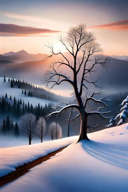 piękne drzewo w zimowym krajobrazie późnym wieczorem w obrazie ilustracji cyfrowej sztuki opadów śniegu