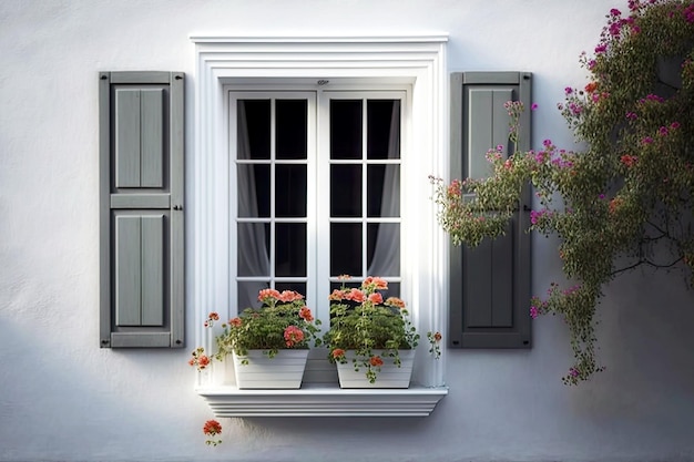 Piękne duże białe aluminiowe okna z małymi kwietnikami generatywnymi ai