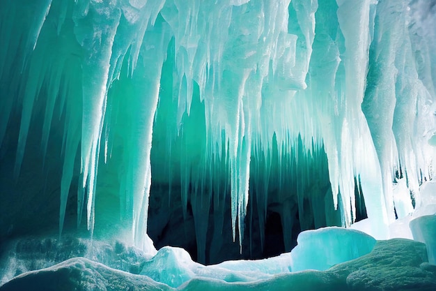 Zdjęcie piękne duże zamrożone sople w jaskini lodowej na północy