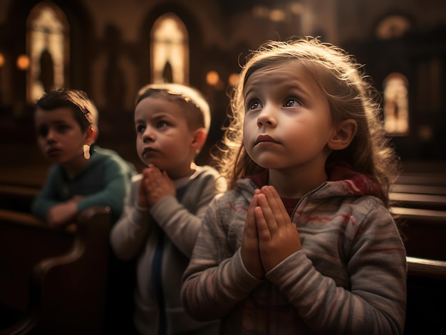 Piękne dzieci modlące się do Boga w kościele