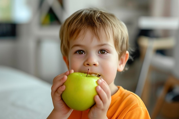 Piękne dziecko jedzące jabłko w domu