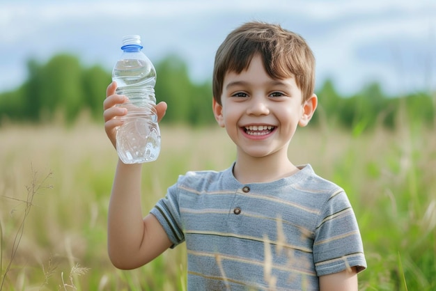 Piękne dziecko trzymające butelkę wody w ręku