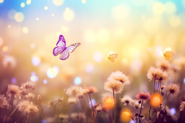 Piękne dzikie kwiaty tło z motylem