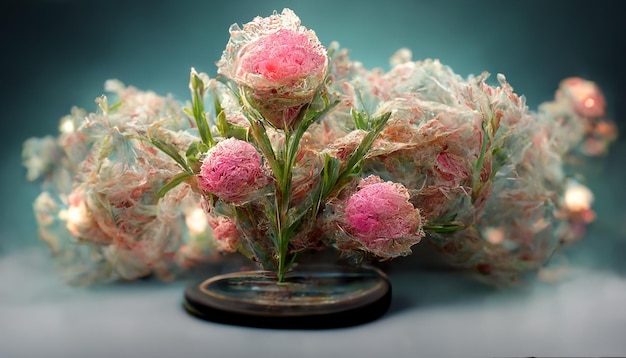 Piękne egzotyczne kwiaty i egzotyczne rośliny w różnych odcieniach w zbliżeniu, renderowanie 3D