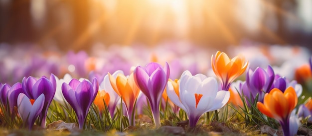 Piękne fioletowe kwiaty krokusów w świetle słonecznym rozmywają tło wygenerowane przez sztuczną inteligencję