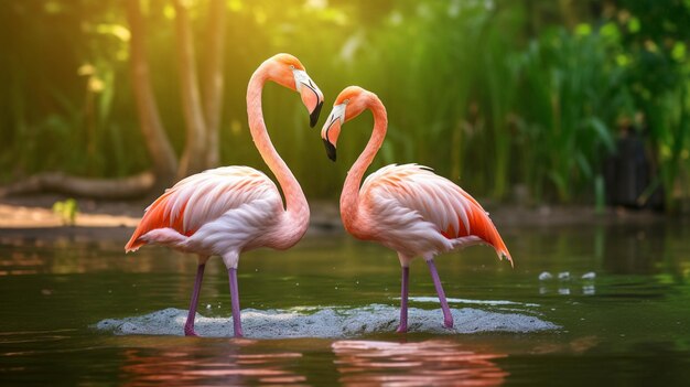 Piękne flamingy chodzące w wodzie z zieloną trawą na tle Amerykańskie flamingo chodzące