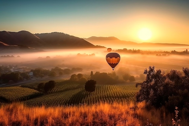 Piękne góry, balon na ogrzane powietrze i wschód słońca wśród winnic Napa Valley