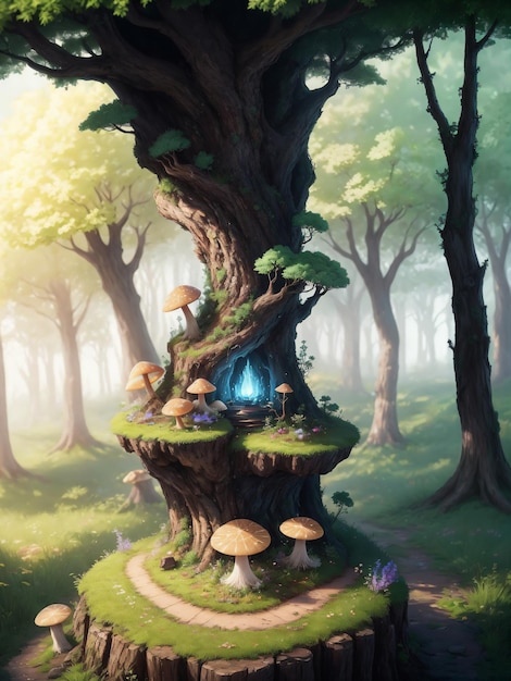 Piękne grzyby pod drzewem i błękitna magia