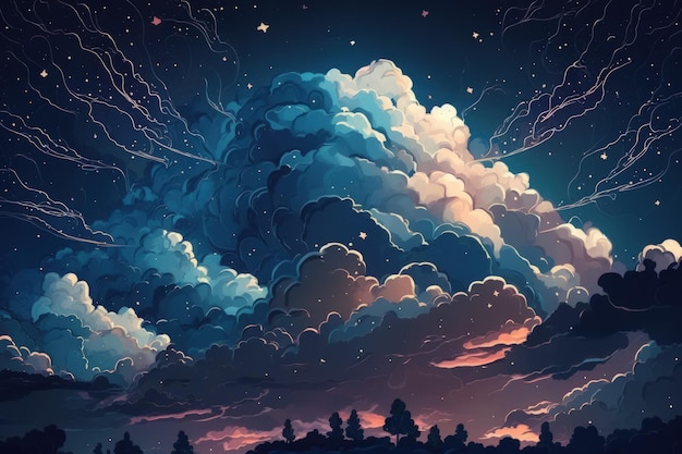 Piękne gwiaździste nocne niebo z dużymi chmurami Generacyjna sztuczna inteligencja