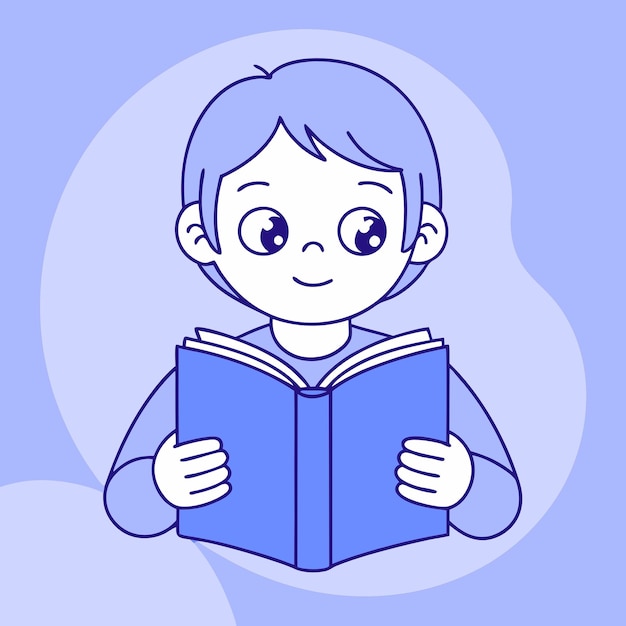Piękne ilustracje w stylu kreskówek przedstawiające dzieci czytające książki z szczęśliwymi wyrazami twarzy