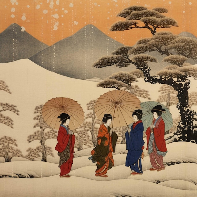 Piękne japońskie dziewczyny w tradycyjnych strojach na tle jesiennego krajobrazu