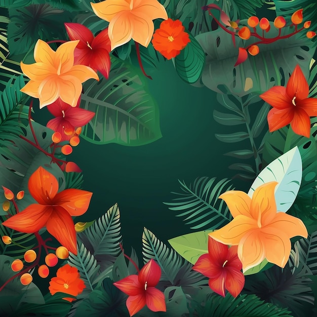 Piękne jasne kolorowe tropikalne tło kwiaty pnącza i liście palmowe letnia tapeta