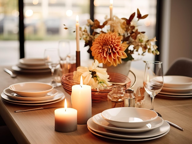 Piękne jesienne nakrycie stołu, jesienna dekoracja stołu z kwiatami i świecami
