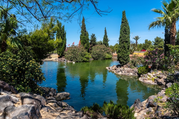 Piękne jezioro w centrum miasta w Parque de las Naciones w miejscowości Torrevieja, Alicante, Morze Śródziemne