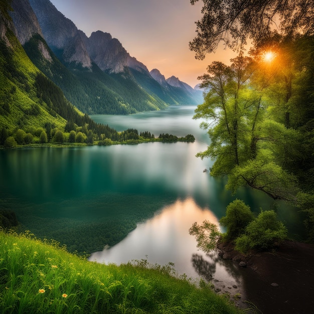 Piękne jezioro w górach Piękne jezero w górach Jezioro i góry w Alpach