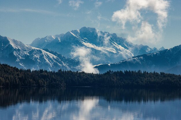 Piękne jezioro z ośnieżonymi górami Park Narodowy Himalaya Rara Lake Mugu Karnali Nepal Zielony Niebieski