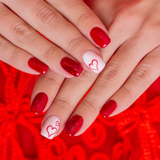 Piękne kobiece dłonie z romantycznymi paznokciami manicure czerwone żelowe serce i walentynkowy wzór
