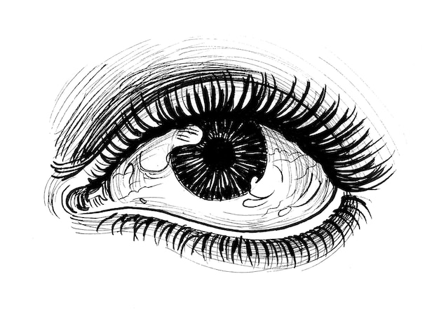 Piękne kobiece oko. Czarno-biały rysunek tuszem