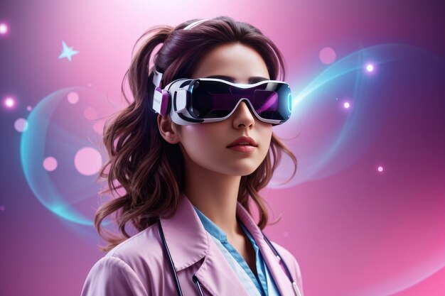 Zdjęcie piękne kobiety lekarz fantasy realistyczny efekt świecące różowe tło wirtualnej rzeczywistości