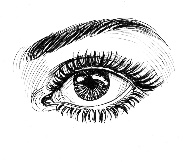 Zdjęcie piękne kobiety oko. czarno-biały rysunek tuszem
