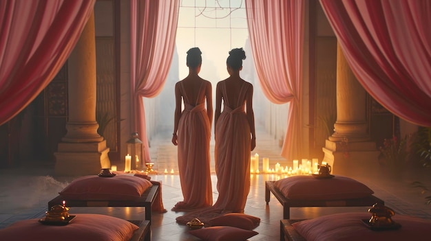 piękne kobiety stojące tyłem do widza w togach w ciemnym, dużym neoklasycznym pokoju z różowymi poduszkami