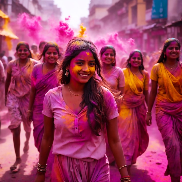 Piękne kobiety świętują Holi w mieście.