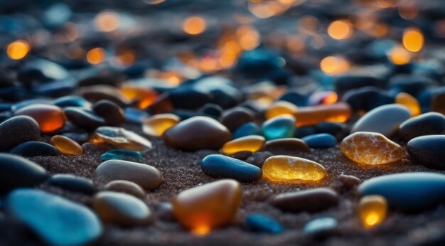 Piękne kolorowe kamienie na plaży z falami w nocy kamienie fosforu